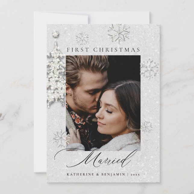 First Christmas Rhinestones Glitter Couple Photo Holiday Card (Front)