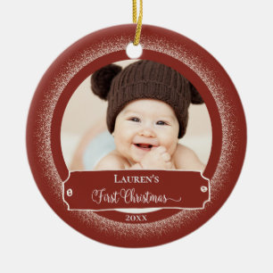 First Christmas Rustic Red Cute Baby Photo Ceramic Tree Decoration