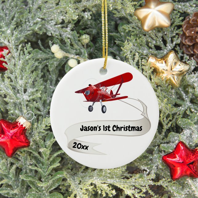 First Christmas Santa Aeroplane Travel Personalise Ceramic Tree Decoration (Creator Uploaded)