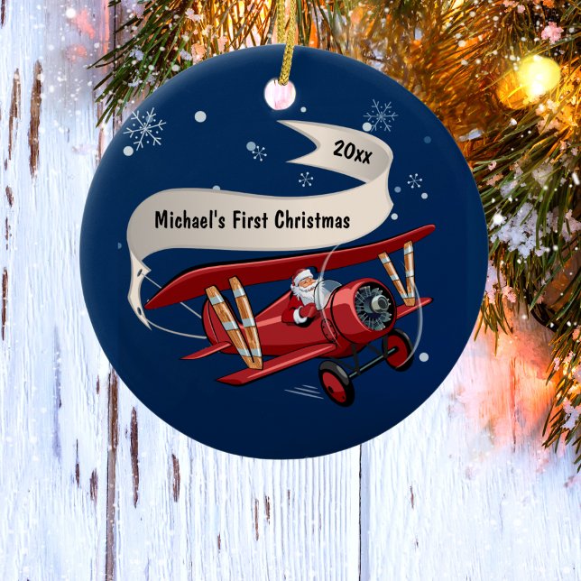 First Christmas Santa Flying Aeroplane Personalise Ceramic Tree Decoration (Creator Uploaded)