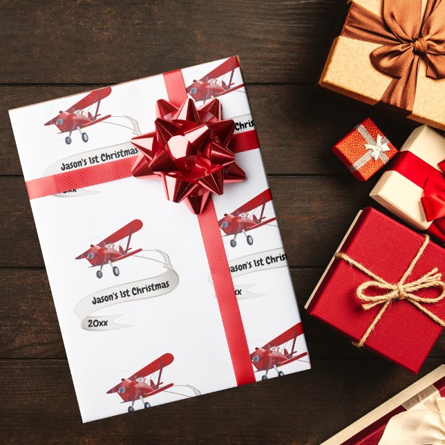 First Christmas Santa Flying Aeroplane Personalise Wrapping Paper (Creator Uploaded)