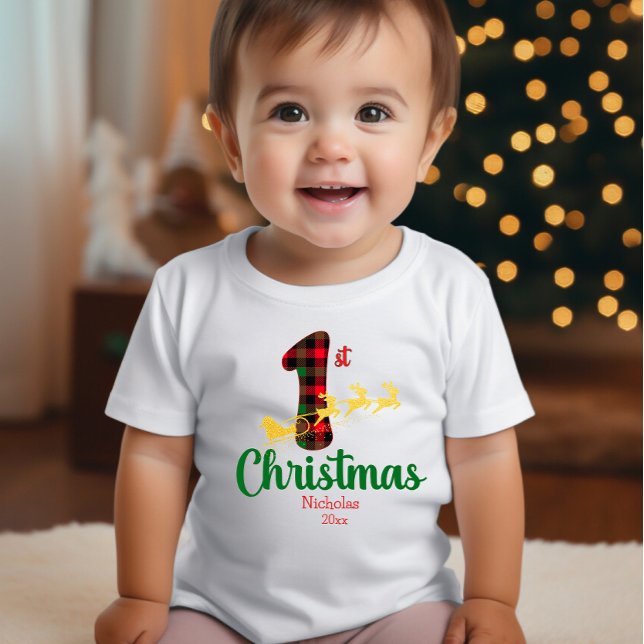 First Christmas Santa Sleigh Buffalo Plaid Name  Baby T-Shirt (Creator Uploaded)
