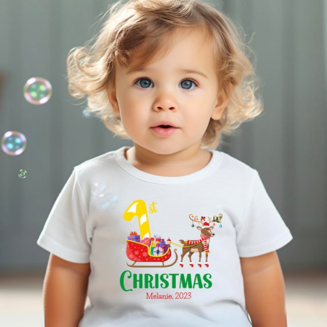 First Christmas Santa Sleigh Reindeer Name Year Baby T-Shirt (Creator Uploaded)