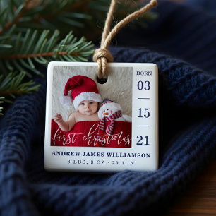 First Christmas Script Baby Birth Stats & Photo Ceramic Ornament