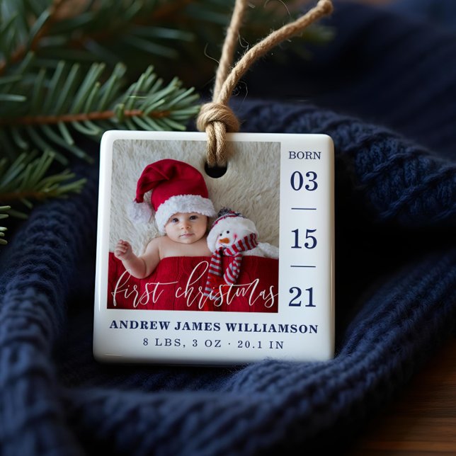 First Christmas Script Baby Birth Stats & Photo Ceramic Ornament (First Christmas Script Baby Birth Stats & Photo Ceramic Ornament)