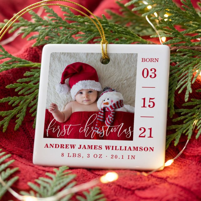 First Christmas Script Baby Birth Stats & Photo Ceramic Ornament (First Christmas Script Baby Birth Stats & Photo Ceramic Ornament)