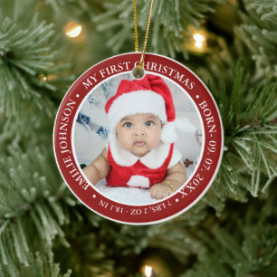 First Christmas Script Baby Birth Stats & Photo Ceramic Tree Decoration