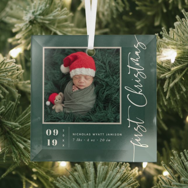 First Christmas Script Baby Birth Stats & Photo  Glass Tree Decoration (Insitu)