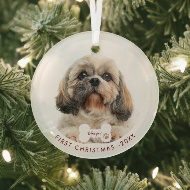 First Christmas Shih Tzu Dog Pet Photo Glass Tree Decoration (Insitu)