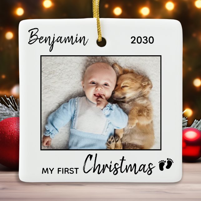 First Christmas Simple Customised Cute Baby Photo Ceramic Ornament (Creator Uploaded)