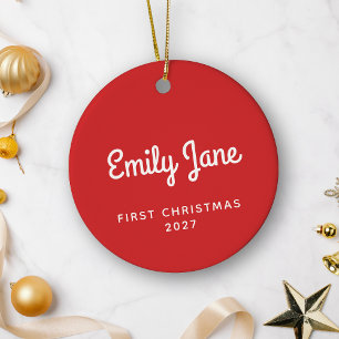 First Christmas Simple Cute Red Personalised Name Ceramic Tree Decoration