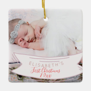 First Christmas simple script newborn baby photo Ceramic Ornament