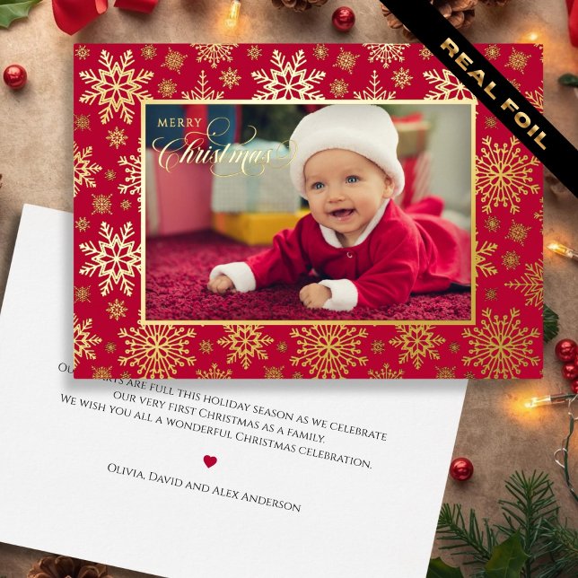 First Christmas Snowflake Frame Gold Red (First Christmas Snowflake Frame Gold Red Foil Holiday Card - back custom greeting)
