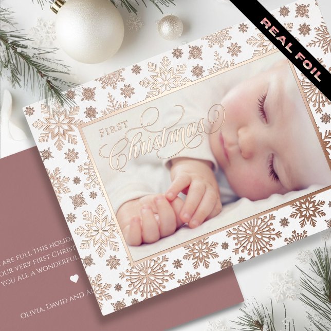First Christmas Snowflake Frame Rose Gold  (First Christmas Snowflake Rose Gold Frame Foil Holiday Card - back personal greeting)
