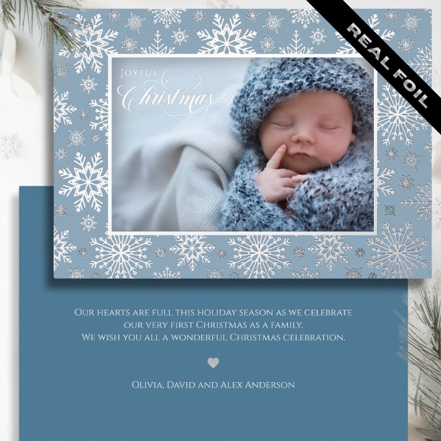 First Christmas Snowflake Frame Silver Blue (First Christmas Snowflake Frame Silver Blue Foil Holiday Card with back custom greeting)