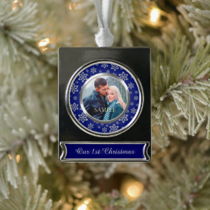 First Christmas Snowflake on Blue Silver Plated Banner Ornament