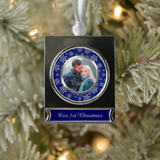 First Christmas Snowflake on Blue Silver Plated Banner Ornament