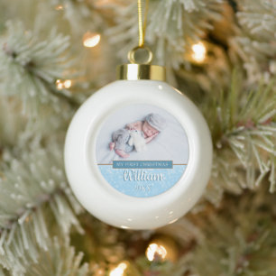 First Christmas Snowflakes Baby Boy Photo  Ceramic Ball Christmas Ornament