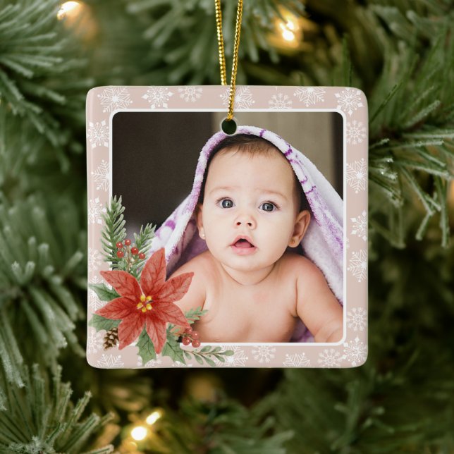 First Christmas SnowFlakes Floral Pink Photo Gift Ceramic Ornament (Tree)