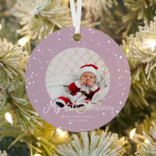 First Christmas snowflakes photo Elegant Magenta  Metal Tree Decoration