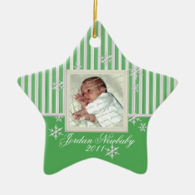First Christmas Star and Snowflakes Green Ceramic Tree Decoration (Front)