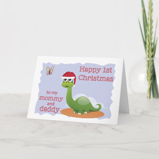 First Christmas to Mummy & Daddy, Cute Dinosaur Holiday Card (Front)