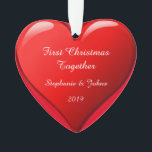 First Christmas Together 2019 Romantic Cute Heart Ornament<br><div class="desc">Designed for Christmas 2019,  this is designed with cute romantic red heart design in solid red background and personalized text templates for entering your names. Perfect romantic gift for couple celebrating their first Christmas.</div>