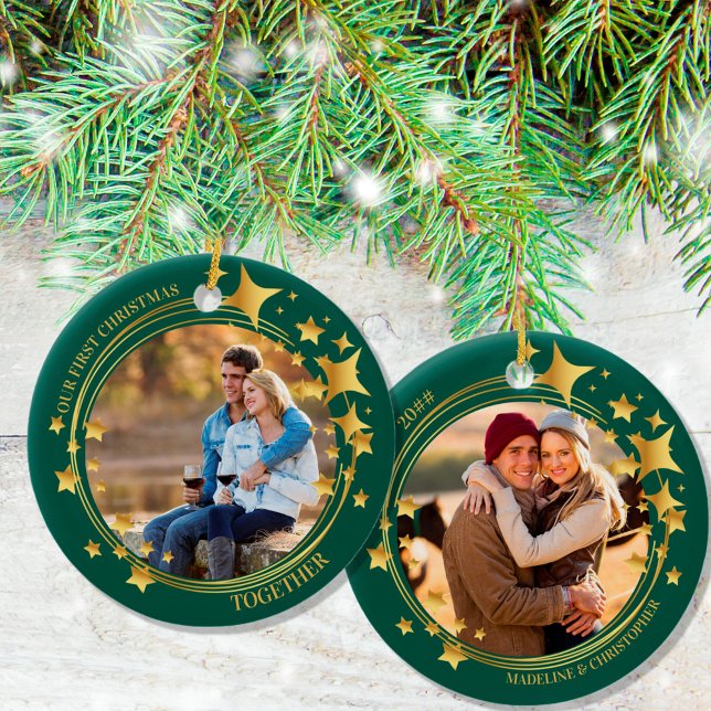 First Christmas Together 2 Photo Gold Star Wreath Ceramic Tree Decoration (Creator Uploaded)