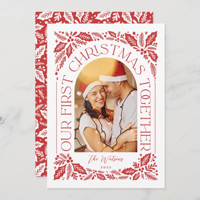First Christmas Together Arch Red 3 Photo Collage Holiday Card (Front/Back)