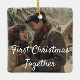 First Christmas Together Couple Photo Crimson Ceramic Ornament