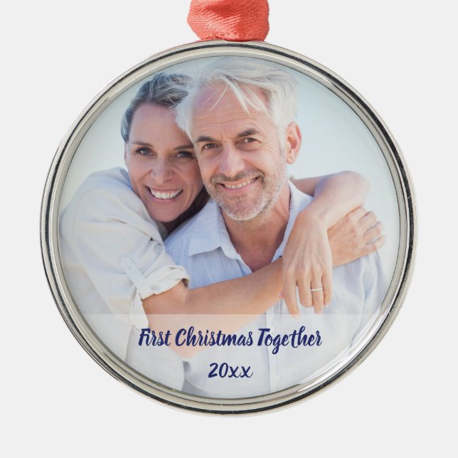First Christmas Together Couple Photo Monogram Metal Tree Decoration (Front)