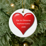 First Christmas Together Cute Red Heart 2019 Cool Ceramic Tree Decoration<br><div class="desc">Personalized names and printed with cute red heart design in solid white background. The color of the background can also be changed as you want. Feel free to customize by adding your own texts,  names or photos. You can add your photo on the back side of the ornament easily!</div>