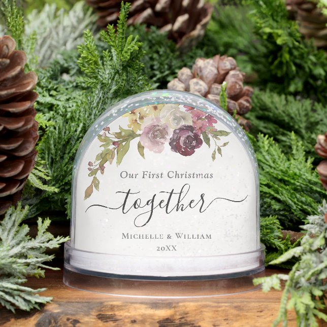 First Christmas Together Floral Monogram Photo Snowglobe (Winter)