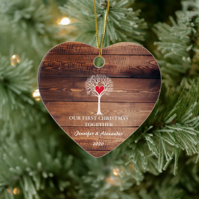 First Christmas together love tree rustic wood Ceramic Tree Decoration (Tree)