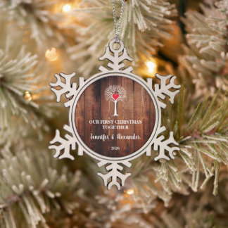 First Christmas together love tree rustic wood Snowflake Pewter Christmas Ornament