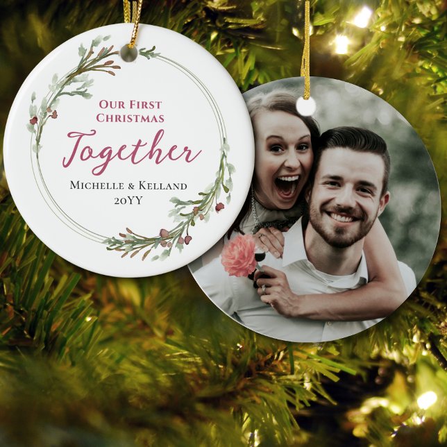 First Christmas Together Minimal Wreath Photo Ceramic Tree Decoration (Creator Uploaded)