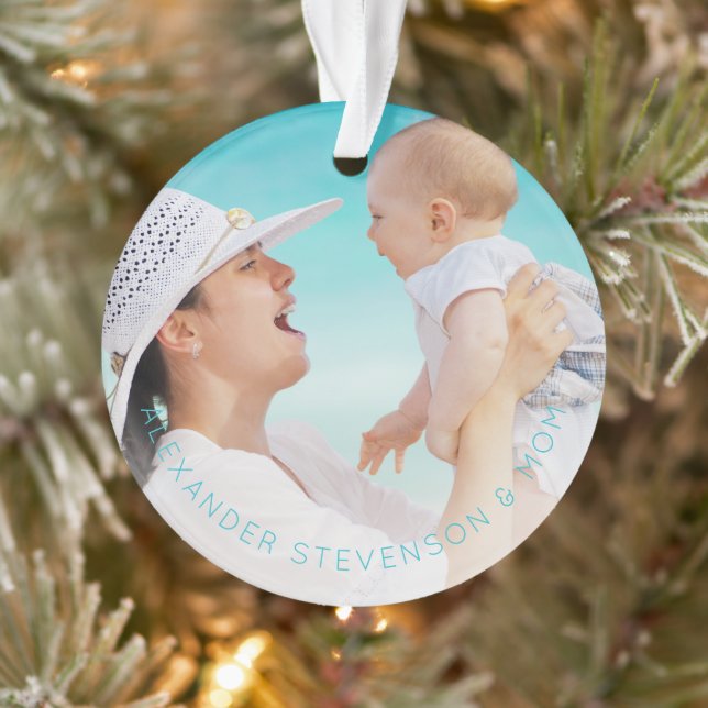 First Christmas together new baby photo aqua blue Ornament (Tree)
