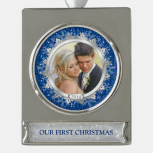 First Christmas Together Photo Blue Silver Silver Plated Banner Ornament