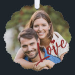 First Christmas together photo love script red Tree Decoration Card<br><div class="desc">Upload your favourite photo (preferably square),  insert your text,  names,  and date,  and make these trendy modern dark red burgundy Christmas tree ornament card a keepsake gift to remind you of your relationship,  engagement,  wedding,  or any other couple's anniversary!</div>