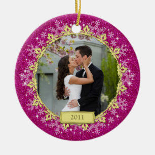 First Christmas Together Pink Snowflake Photo Ceramic Tree Decoration