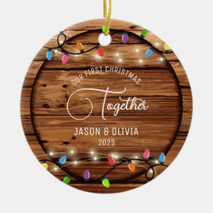 First Christmas Together Rustic String Light Photo Ceramic Tree Decoration