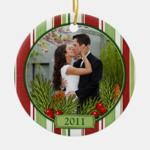 First Christmas Together Stripes Boughs Photo Ceramic Tree Decoration