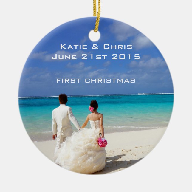 First Christmas Tropical beach Wedding Ceramic Tree Decoration (Front)