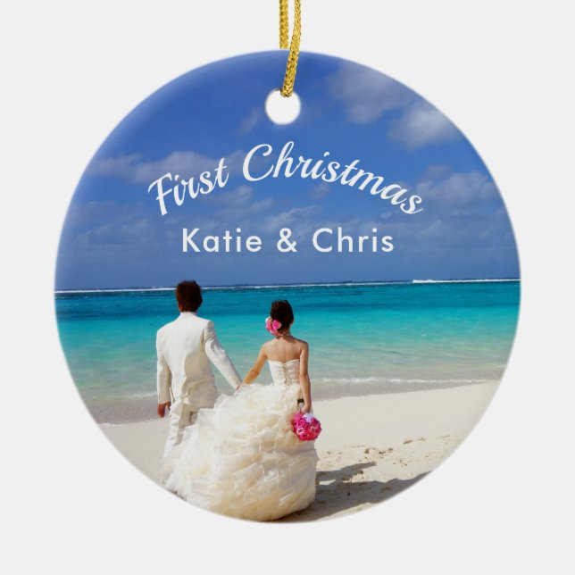 First Christmas Tropical Paradise Wedding Ceramic Tree Decoration (Front)