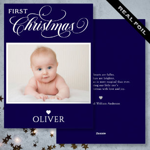 First Christmas Typography Photo Name Foil Blue