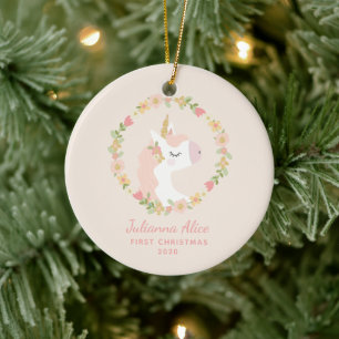 First Christmas Unicorn Floral Wreath Custom Name Ceramic Tree Decoration
