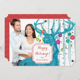 First Christmas Vintage Deer Birch Tree Photo Holiday Card