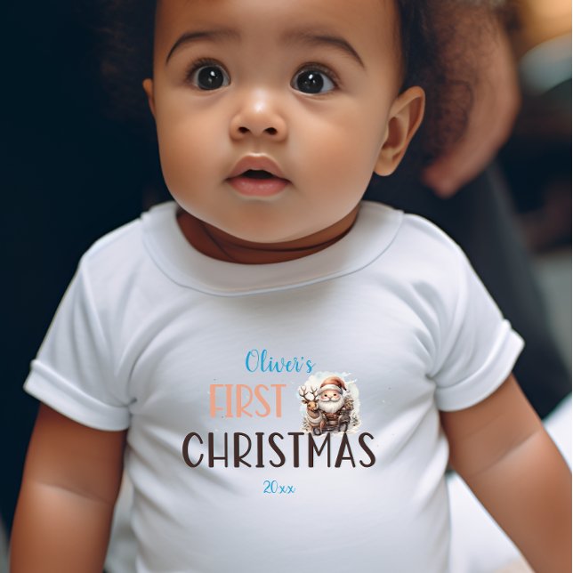 First Christmas Watercolor Santa Reindeer Name Baby Bodysuit (Creator Uploaded)
