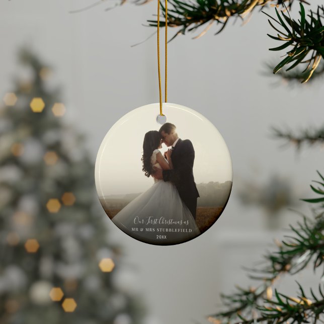 First Christmas Wedding Day Photo Calligraphy Ceramic Tree Decoration (First Christmas as Mr and Mrs Ceramic Ornament)