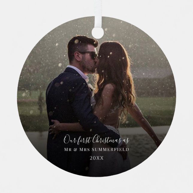 First Christmas Wedding Photo Keepsake Metal Tree Decoration (Front)